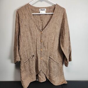 FLAX 100% Linen Long Button Cardigan Lagenlook Brown Sz Small Minimalist Natural